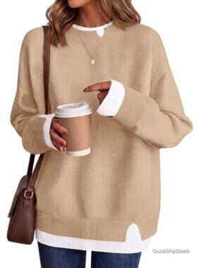 Women's Crewneck Long Sleeve Faux Layered Pullover Sweater Knit